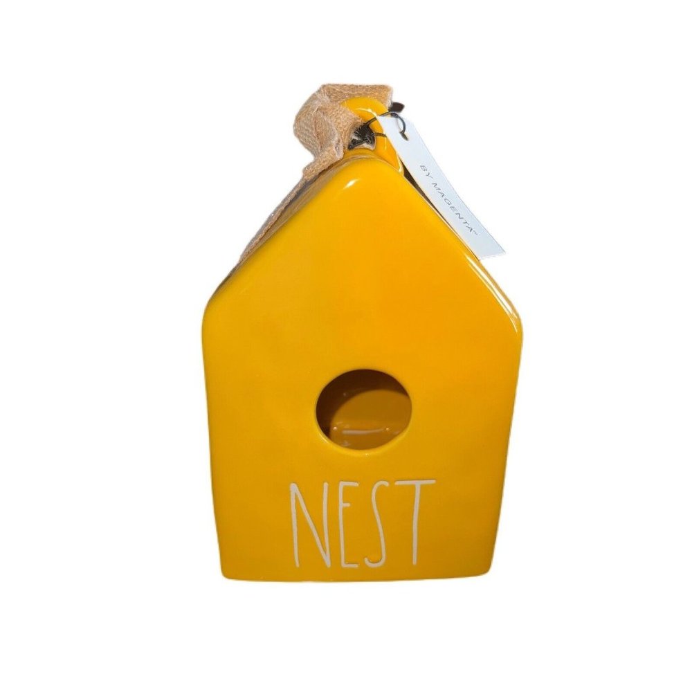 Rae Dunn Yellow Gold Ceramic Birdhouse NEST in White New with Tags Burlap Bow